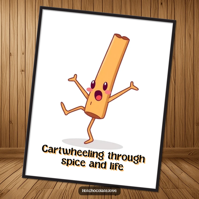 Funny Free Printable Wall Art depicting a surprised cinnamon stick person mid-cartwheel, a lively and downloadable piece of decor.