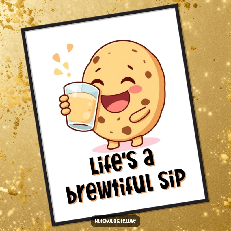 Funny Free Printable Wall Art: A cookie enjoying a large, jovial sip from a mug, radiate pure happiness.