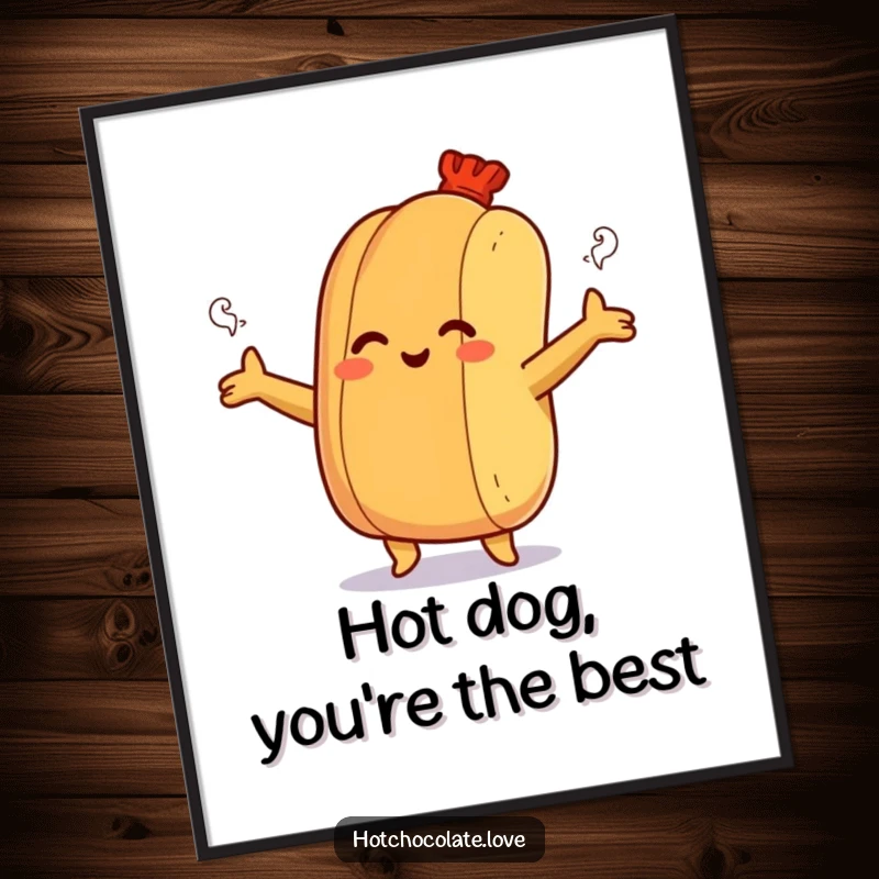 Funny Free Printable Wall Art: Smiling hot dog bun with open arms, offering a warm, steamy hug, cheerful.