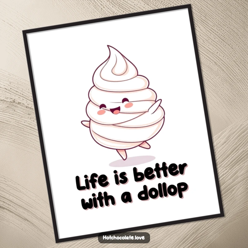 Funny Free Printable Whipped Cream Dollop Wall Art, doing a happy spin, adding sweet, swirly, downloadable charm.