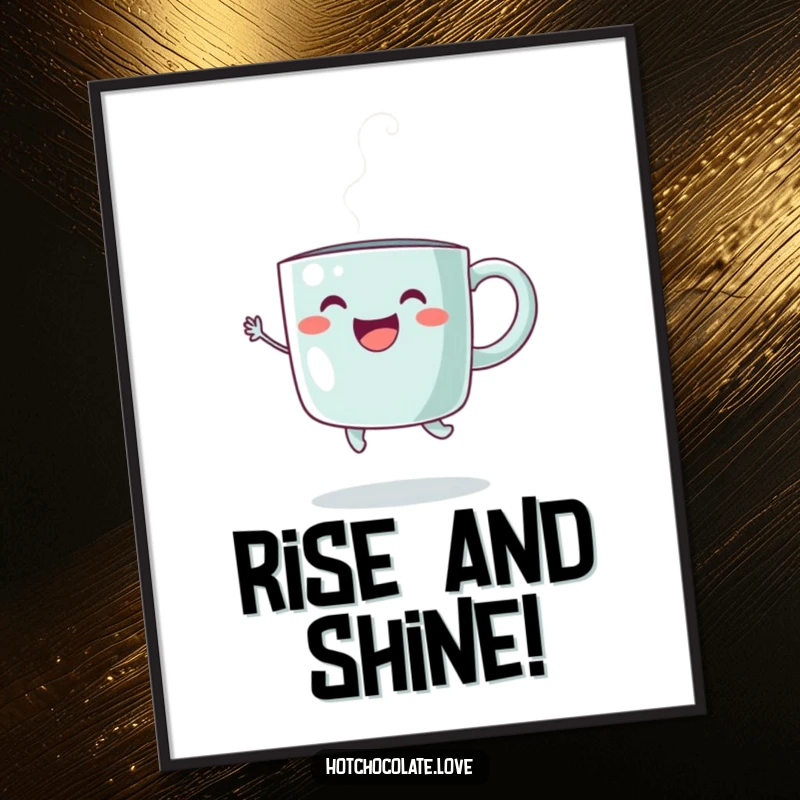 Funny Free Printable Wall Art: happy steaming coffee mug caught mid-jump, exuding pure joy and warmth in a delightful pose.