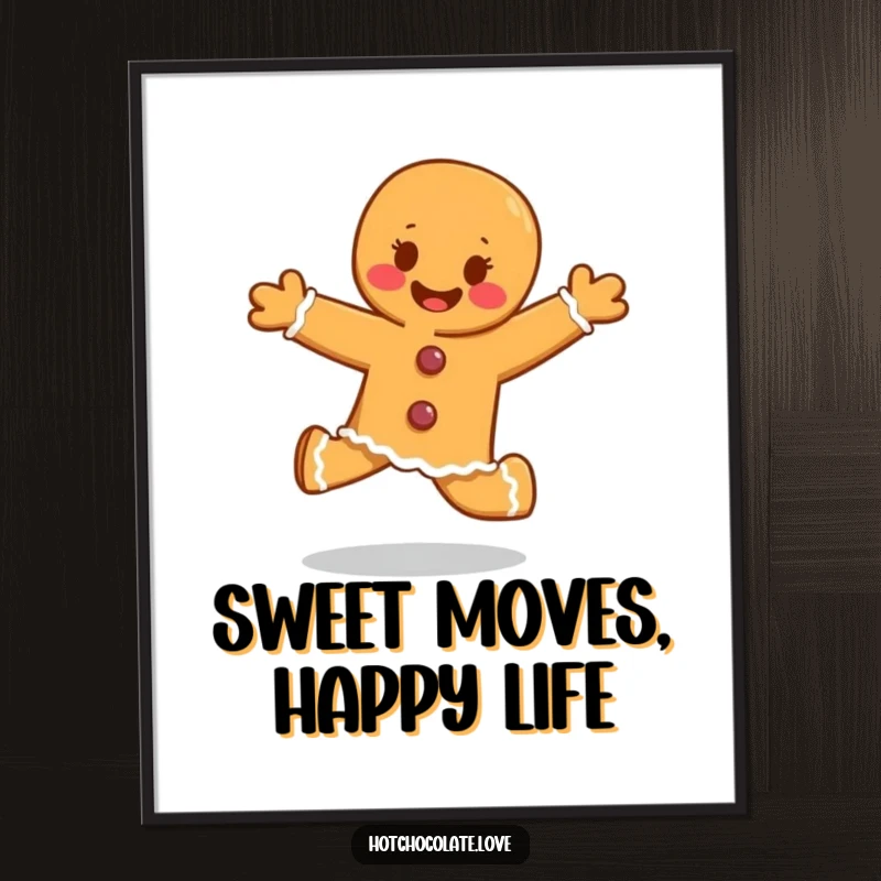 Funny Free Printable Wall Art: A delighted gingerbread person skips with energetic glee, decorated with icing.