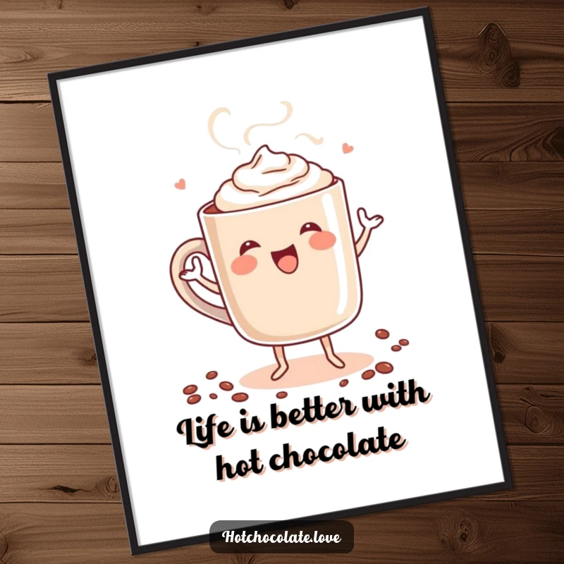 Funny Free Printable Wall Art: A steaming mug of hot chocolate joyfully dances with its arms and legs, radiating happiness.
