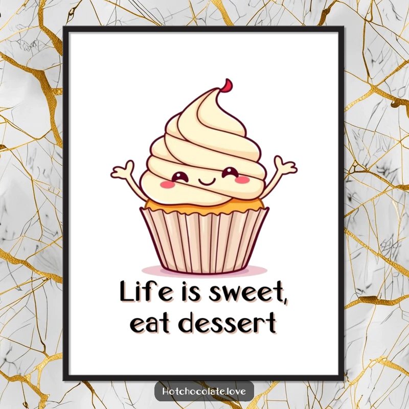 Funny Free Printable Wall Art: A happy cupcake with steam rising, doing a joyful little jig.