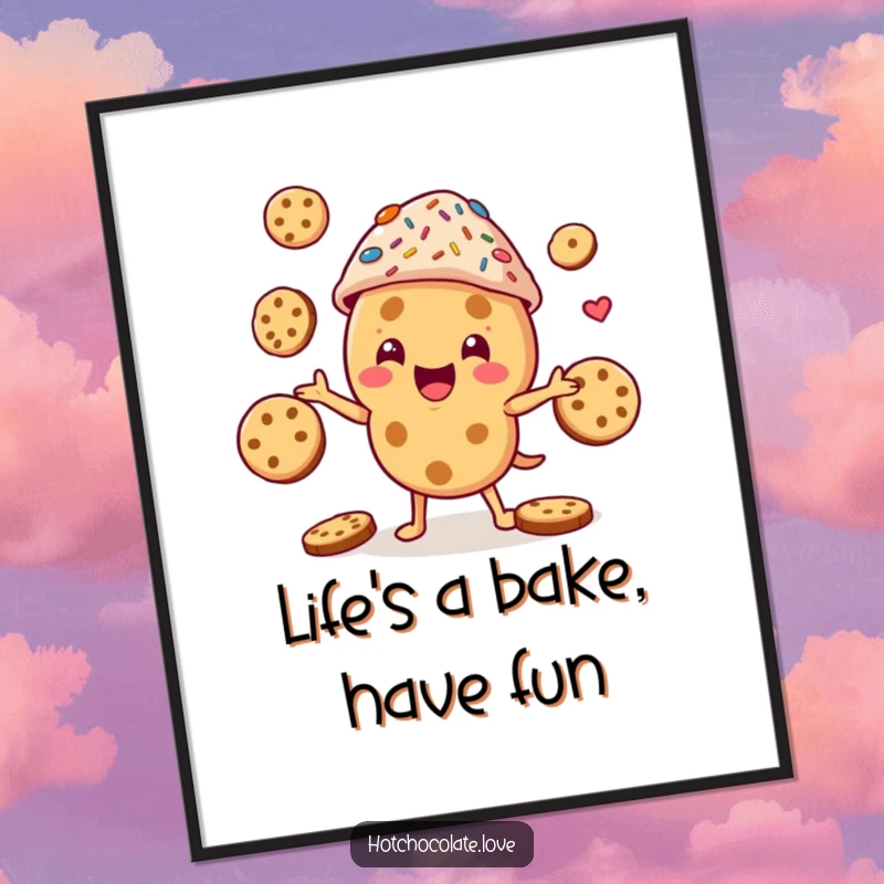 Funny Free Printable Wall Art: A cheerful cookie character in a sprinkle hat expertly juggles multiple cookies.