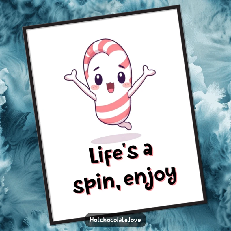 Funny Free Printable Wall Art: A surprised candy cane character is mid-cartwheel with a funny, wide-eyed expression.