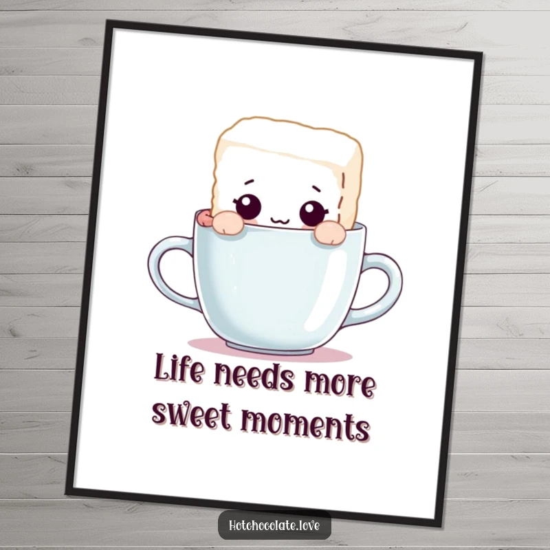 Funny Free Printable Wall Art shows a curious sugar cube character playfully peeking over the rim of a coffee mug.