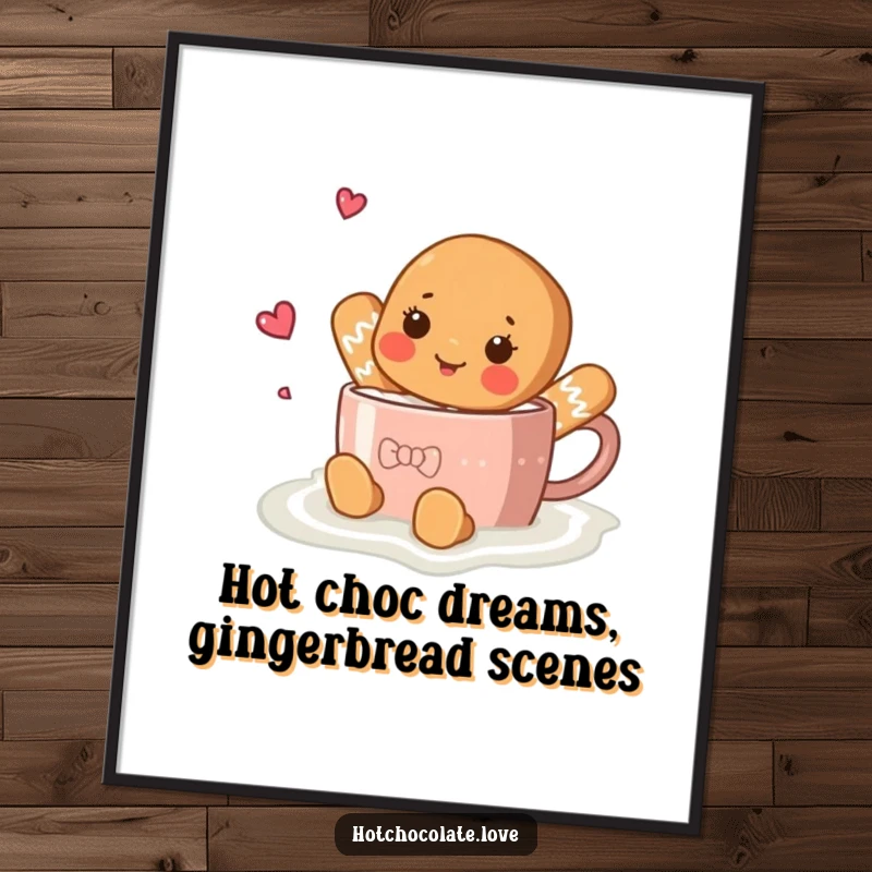 Funny Free Printable Wall Art showing a cheerful gingerbread person swimming in hot chocolate, a delightful downloadable piece for any kitchen.