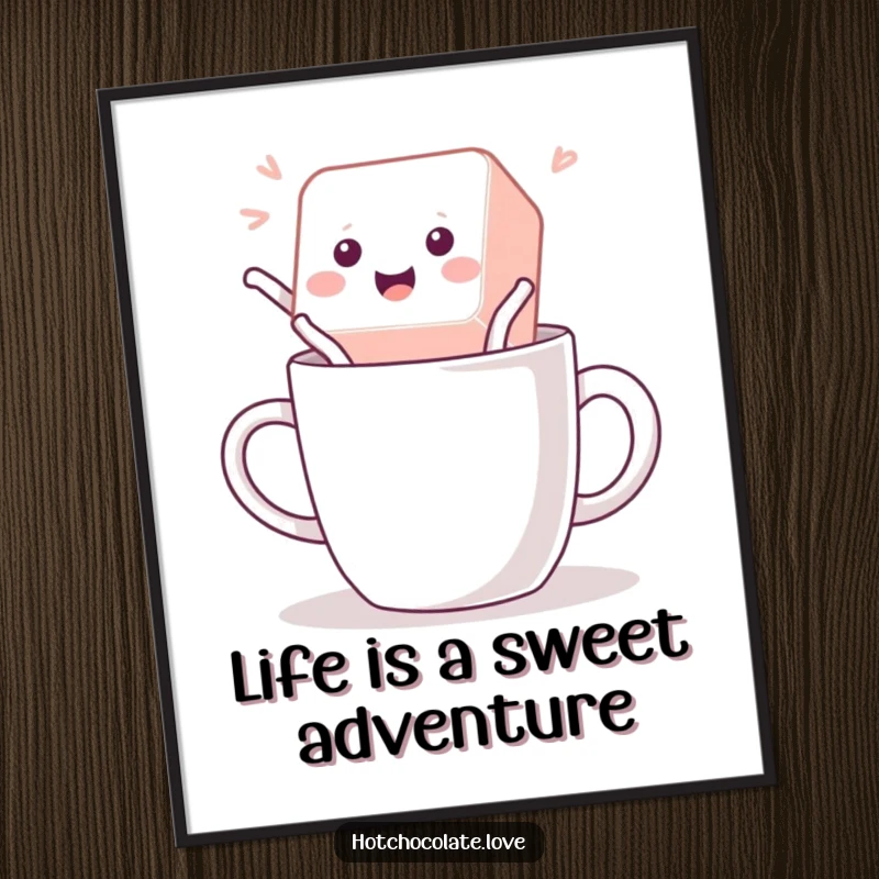 Funny Free Printable Wall Art of a sugar cube excitedly jumping into a mug, conveying pure energy and fun.