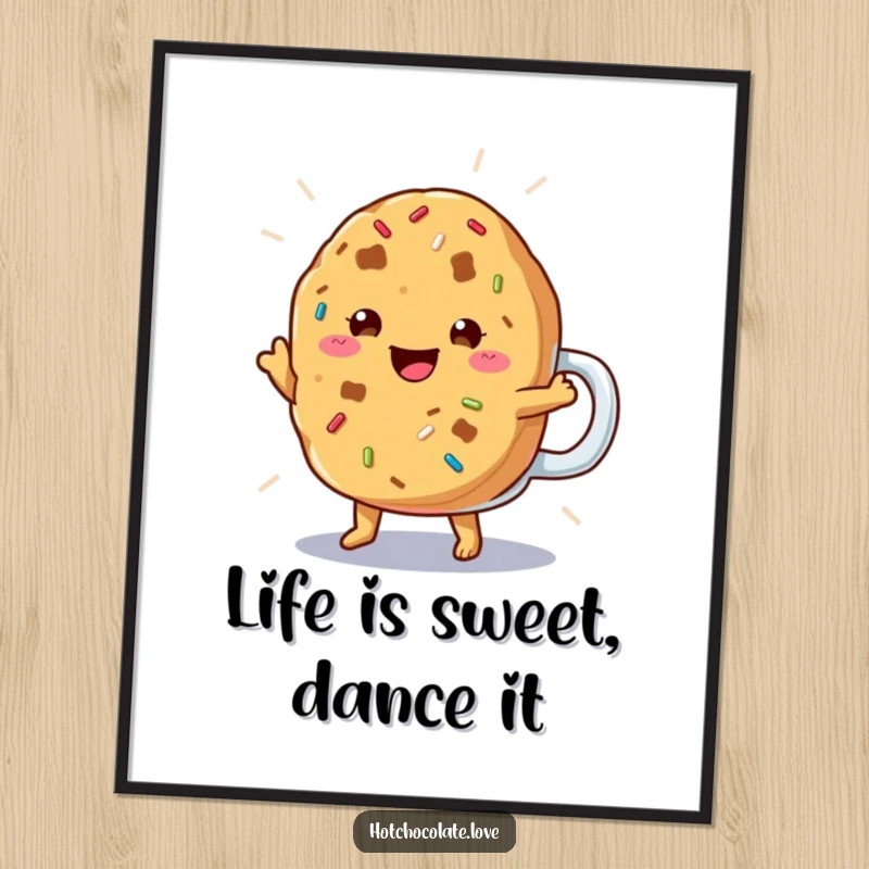 Funny Free Printable Wall Art: a cheerful cookie doing a jig in a frosty mug, bringing sweet vibes.