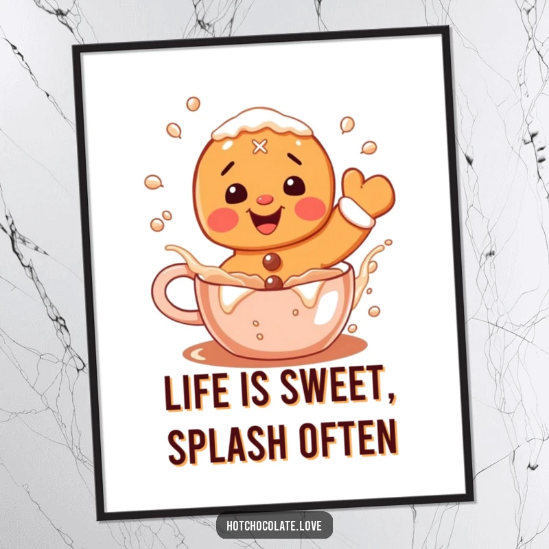Funny Free Printable Wall Art: A delighted gingerbread man cheerfully splashes in a mug of hot cocoa.