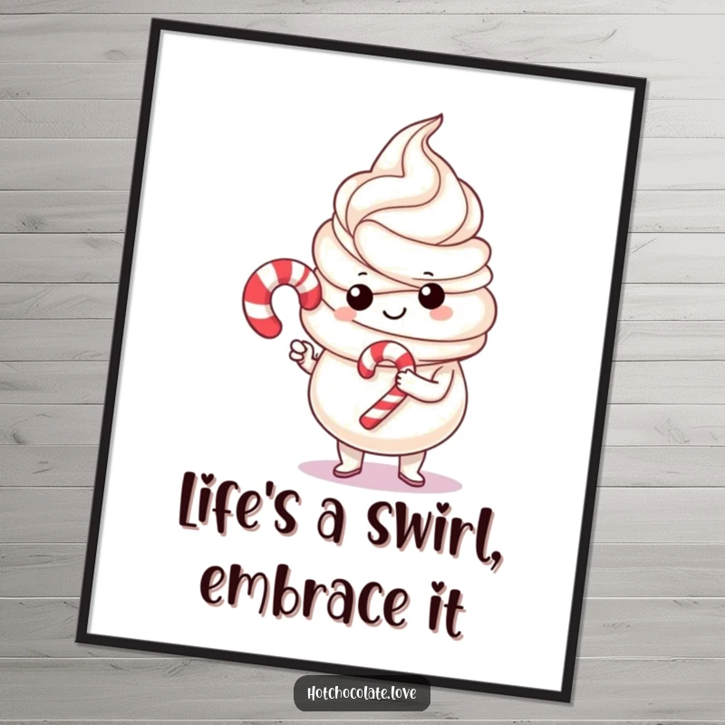 Funny Free Printable Wall Art featuring proud whipped cream holding a tiny candy cane, adding a sweet humorous touch.