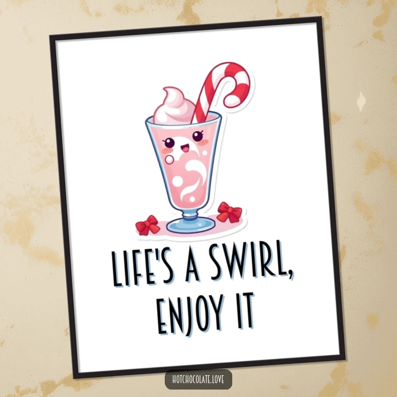 Funny Free Printable Wall Art: A playful candy cane character doing a festive swirl in a drink, bringing cheer.