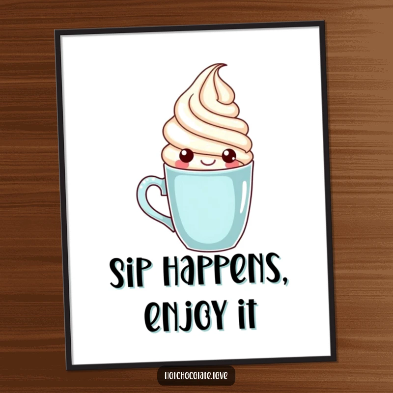 Funny free printable wall art of a cheerful whipped cream swirl character playfully popping out of a coffee mug.