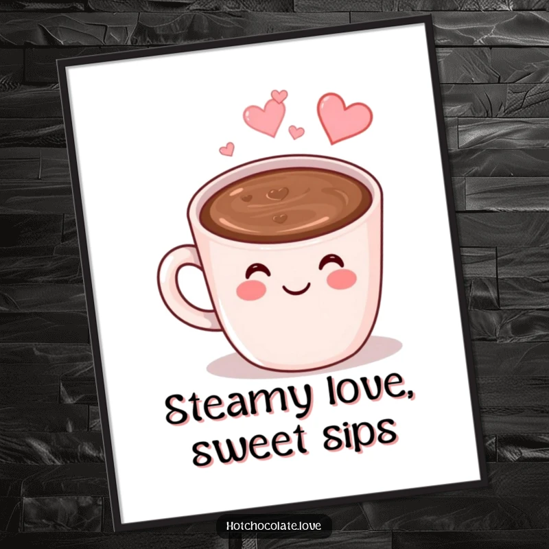 Funny Free Printable Wall Art: A smiling, anthropomorphic mug of hot chocolate emits heart-shaped steam.