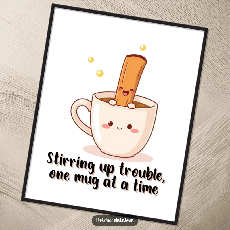 Funny Free Printable Wall Art: A happy cinnamon stick does a lively twirl inside a mug, full of celebratory energy.
