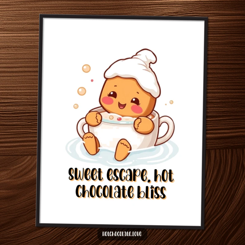 Funny Free Printable Wall Art, a delighted gingerbread person happily swimming in a mug of warm, delicious hot chocolate.