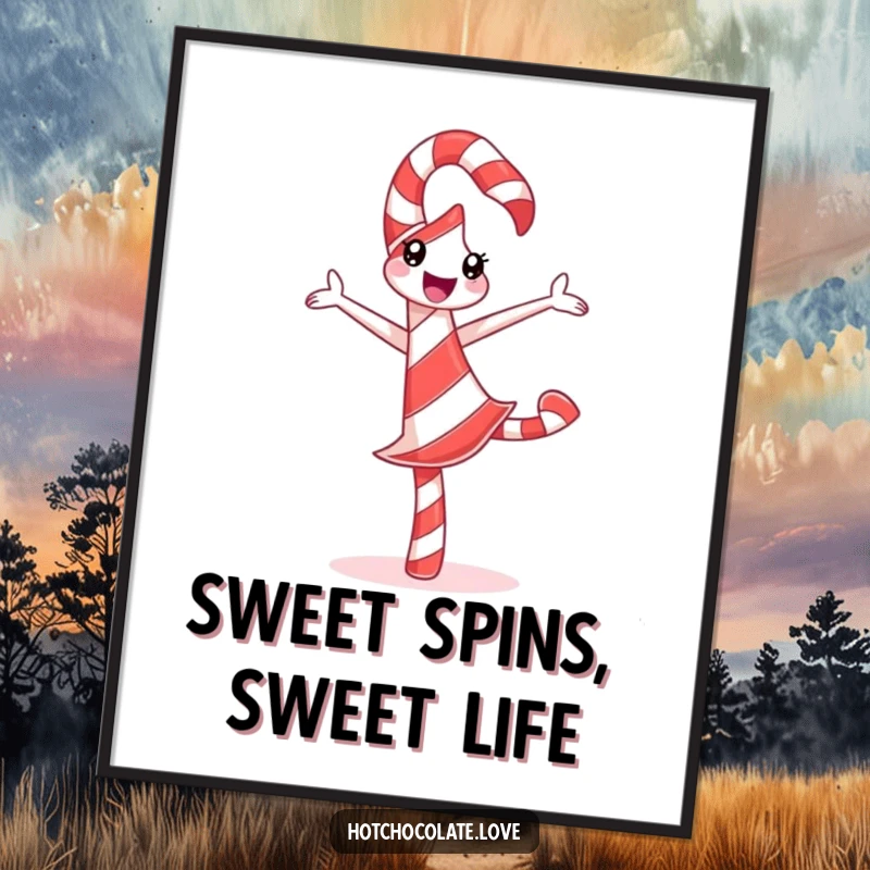 Funny Free Printable Wall Art: a delighted candy cane doing a silly pirouette, adding festive cheer.