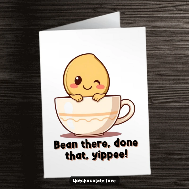Funny Free Printable Birthday Card: A smiling coffee bean peeks over a cup rim, ready to celebrate.