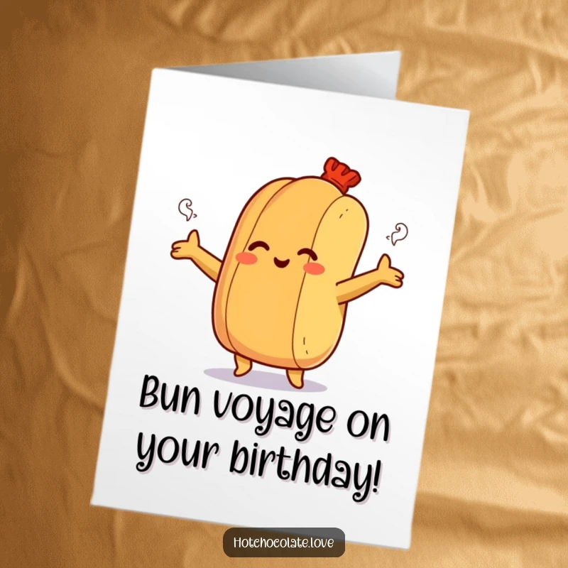Funny Free Printable Birthday Card: Smiling hot dog bun with open arms, offering a warm, steamy hug.