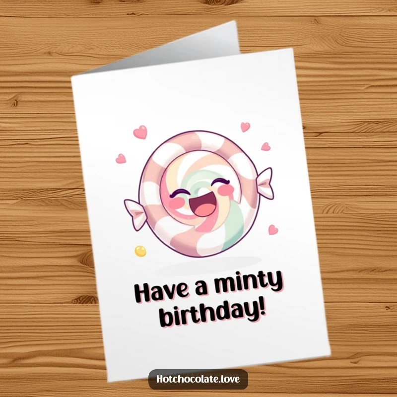 Funny Free Printable Happy Birthday Card showing a peppermint candy happily spinning in circles with pure delight.