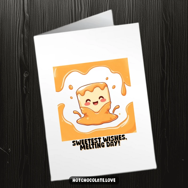Funny Free Printable Birthday Card: Joyful caramel cube character melting happily into delicious liquid, perfect for a sweet celebration.