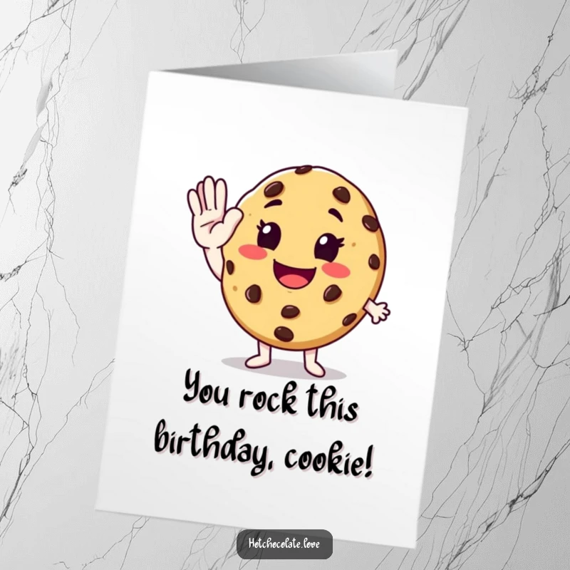 Funny free printable birthday card: Smiling chocolate chip cookie enthusiastically giving a high-five illustration.
