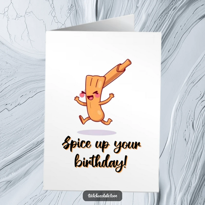 Funny Free Printable Birthday Card showing a playful cinnamon stick doing a mischievous hop, wishing a lively happy birthday.
