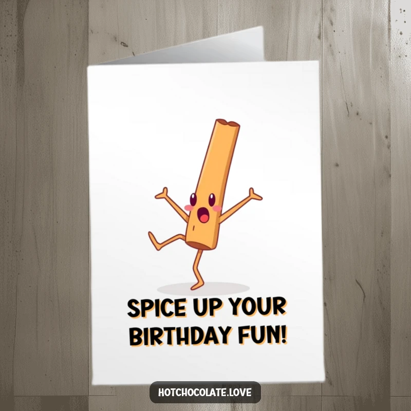Funny Free Printable Birthday Card featuring a surprised cinnamon stick person mid-cartwheel, a dynamic and downloadable birthday wish.