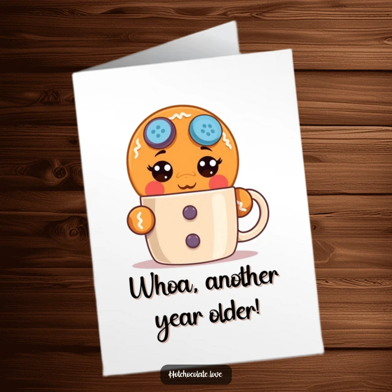 Funny Free Printable Birthday Card: Wide-eyed gingerbread man peeking over mug, surprised expression, perfect for laughs.