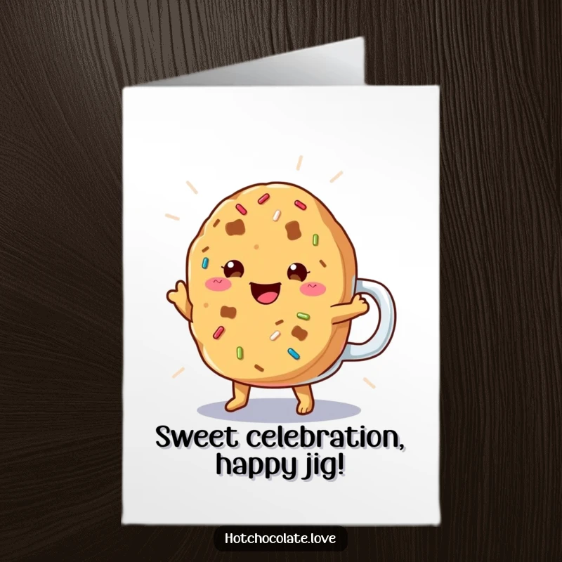 Funny Free Printable Birthday Card: a cheerful cookie doing a jig in a frosty mug, celebrating with sprinkles.