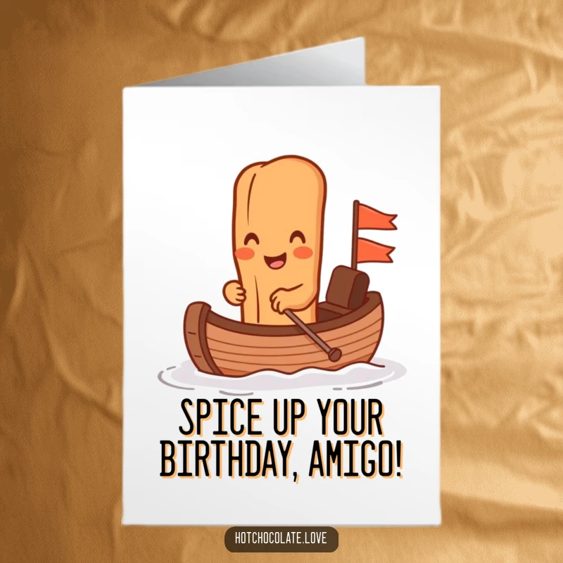 Funny free printable birthday card: Anthropomorphic cinnamon stick grins rowing a chocolate boat, ready to deliver birthday wishes.
