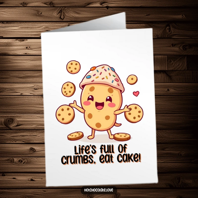 Funny Free Printable Birthday Card: A cheerful cookie character in a sprinkle hat juggles cookies with a wide grin.