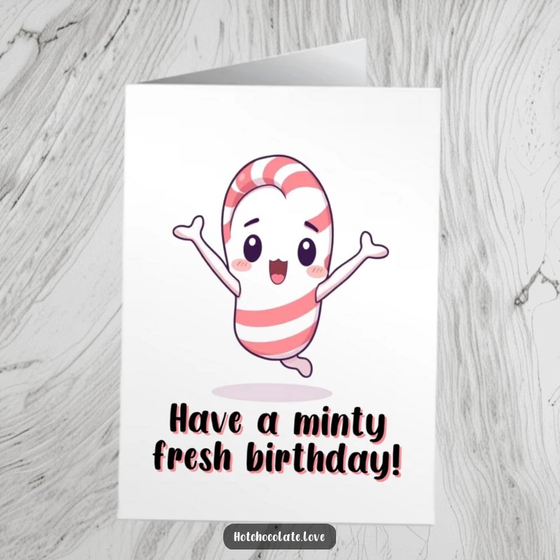Funny Free Printable Birthday Card: A surprised candy cane character performs a cartwheel with wide eyes and a playful twist.