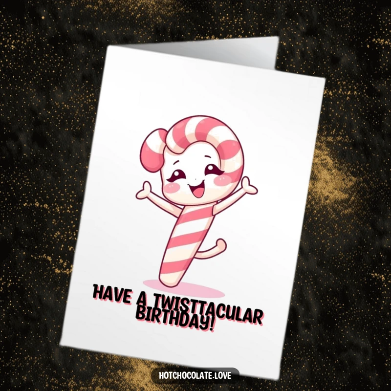 Funny free printable birthday card with a winking candy cane mid-cartwheel, bringing acrobatic birthday cheer.
