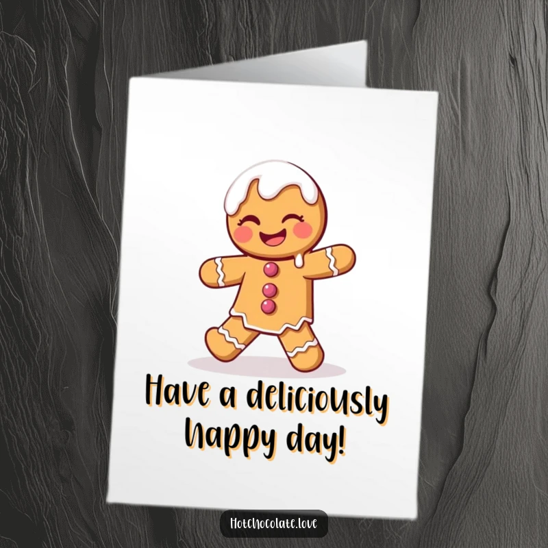 Funny Free Printable Birthday Card: a winking gingerbread man dancing with icing dripping, celebrating with holiday cheer.