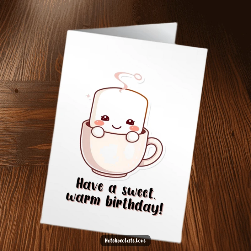 Funny Free Printable Birthday Card: A happy marshmallow smiles warmly from inside a steaming mug.