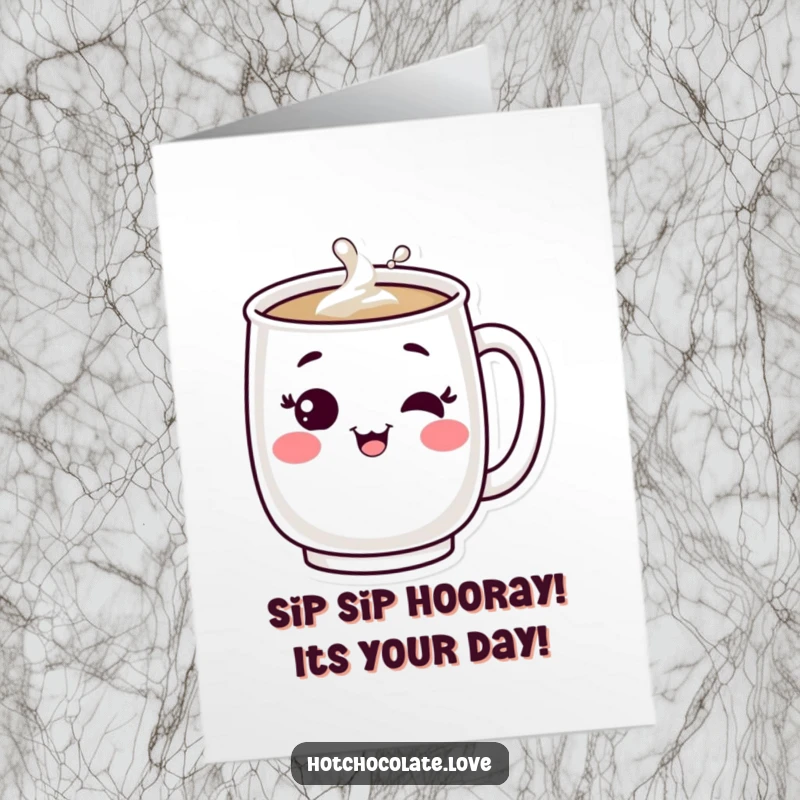 Funny Free Printable Mug Birthday Card, winking contentedly, steaming with birthday cheer, a warm and cozy downloadable gift.