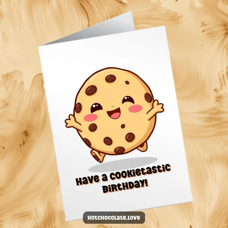 Funny Free Printable Birthday Card featuring a giggling chocolate chip cookie character doing a happy celebratory hop.