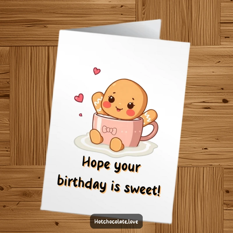 Funny Free Printable Birthday Card showing a happy gingerbread person swimming in a mug of hot chocolate, a delightful birthday surprise.