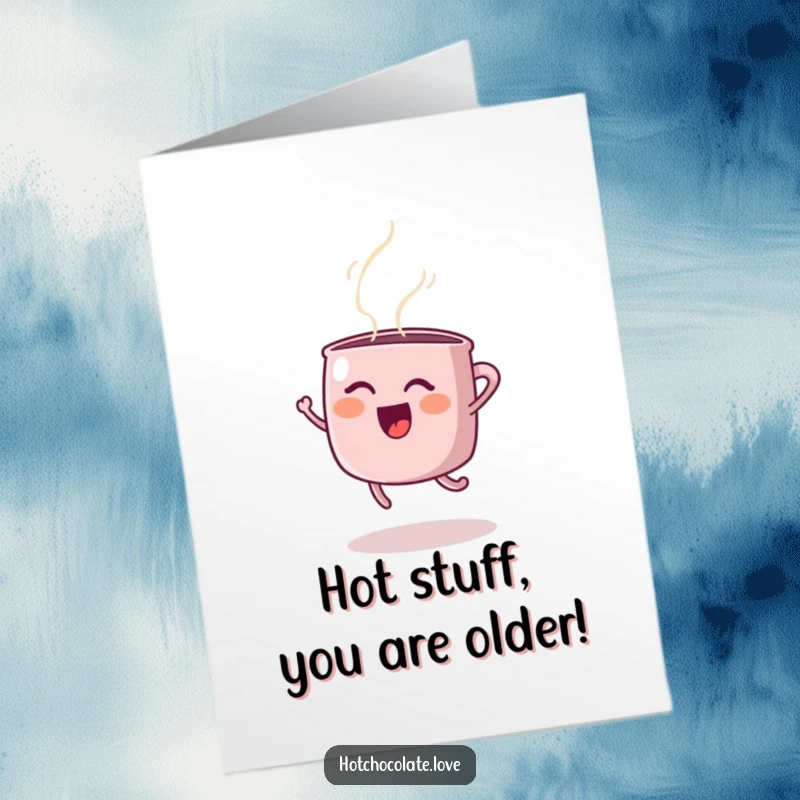 Funny free printable birthday card showing a steaming coffee mug mid-air with legs, celebrating joyfully.