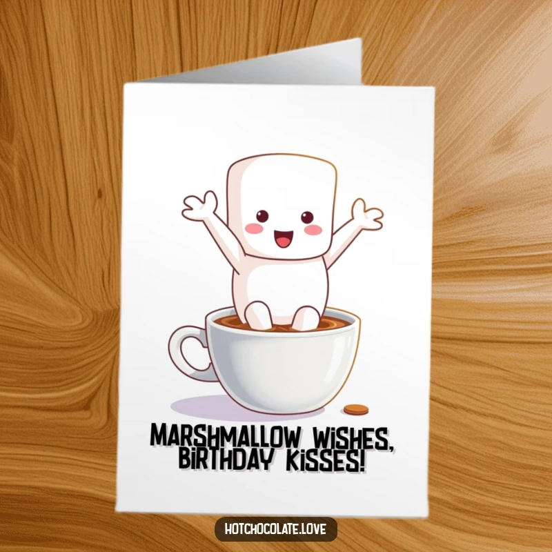 Funny Free Printable Birthday Card, cute marshmallow character joyfully leaping into a steaming mug of hot chocolate.