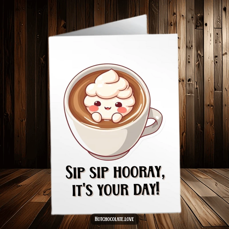 Funny Free Printable Birthday Card featuring a cute cocoa powder puff character smiling joyfully in a warm beverage.