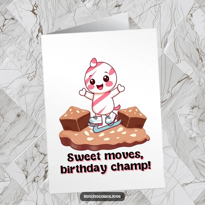 Funny free printable birthday card featuring a smiling candy cane ice skating joyfully on a chocolate surface.