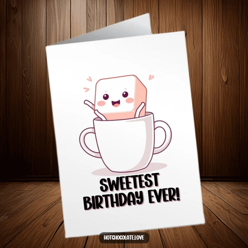 Funny Free Printable Happy Birthday Card showing a sugar cube mid-jump into a mug with an ecstatic expression.
