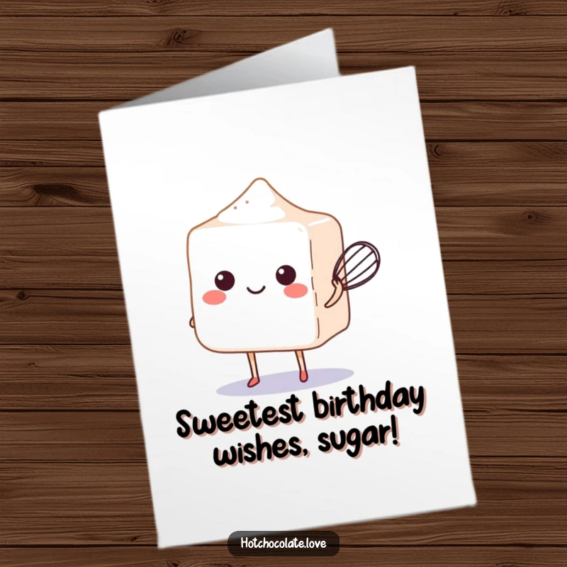 Funny Free Printable Sugar Cube Card: A smiling sugar cube expertly balancing a miniature whisk, ready to whip up some birthday fun.