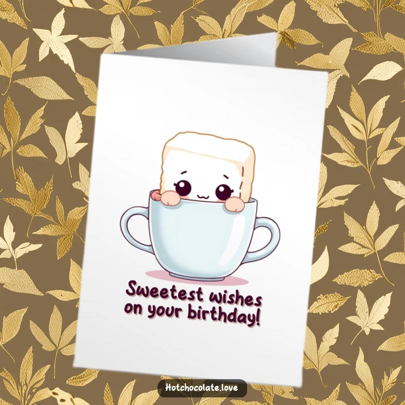 Funny Free Printable Birthday Card showcasing a curious sugar cube character peeking over a steaming mug rim with wide eyes.