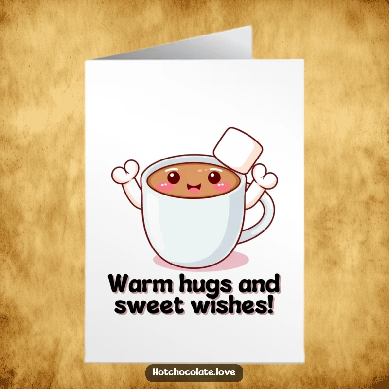 Funny Free Printable Birthday Card featuring a smiling hot chocolate mug with marshmallow arms happily waving hello.