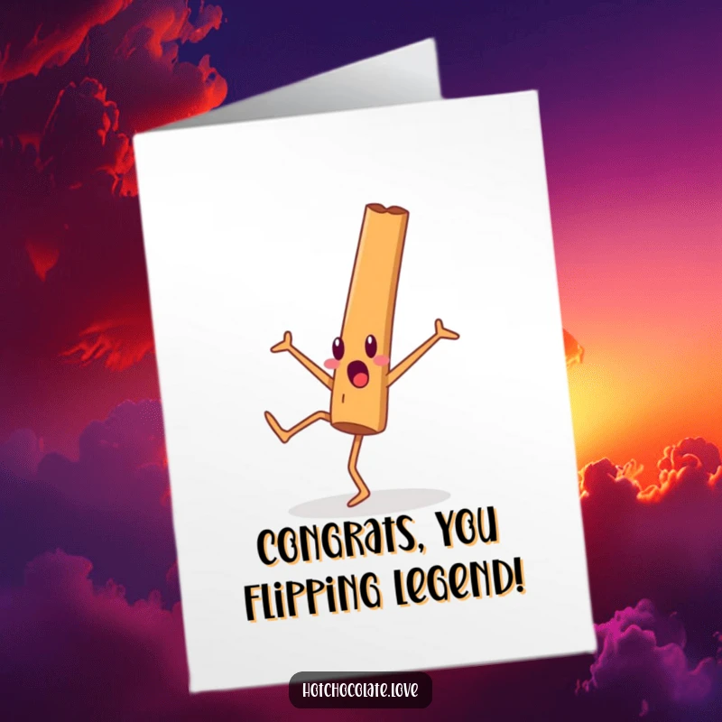 Funny Free Printable Congratulations Card: A surprised cinnamon stick person performing a cartwheel, a downloadable burst of celebratory energy.