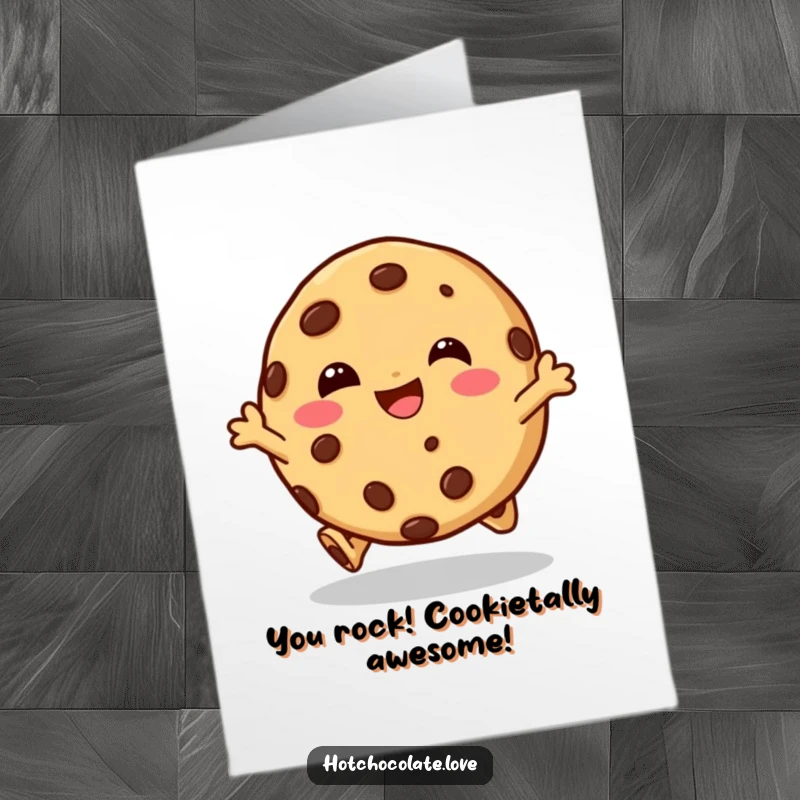 Funny Free Printable Congratulations Card with a joyful chocolate chip cookie character leaping with excitement.